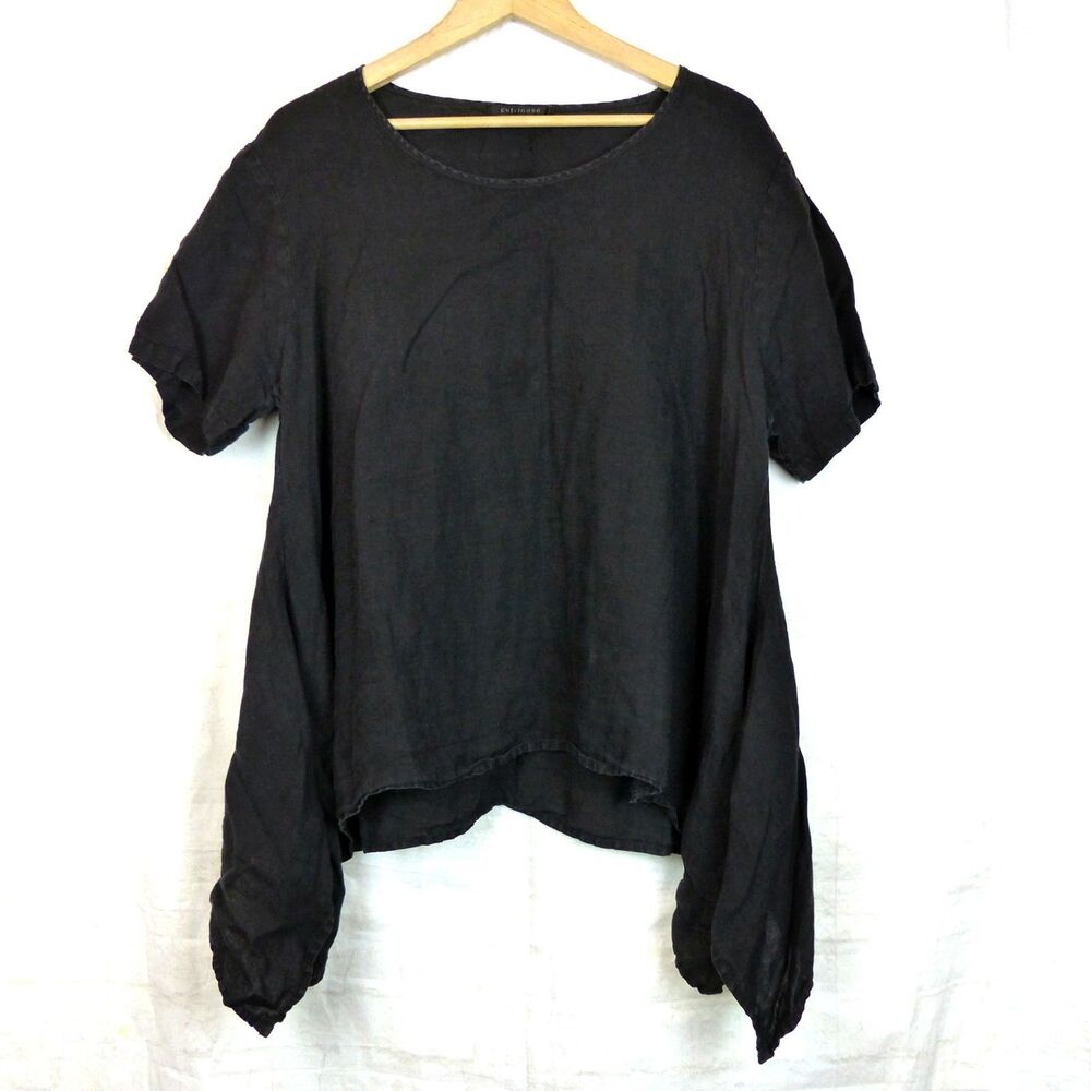 Cut Loose Linen Tunic Womens One Size Black Handkerchief Hem Lagenlook Coastal